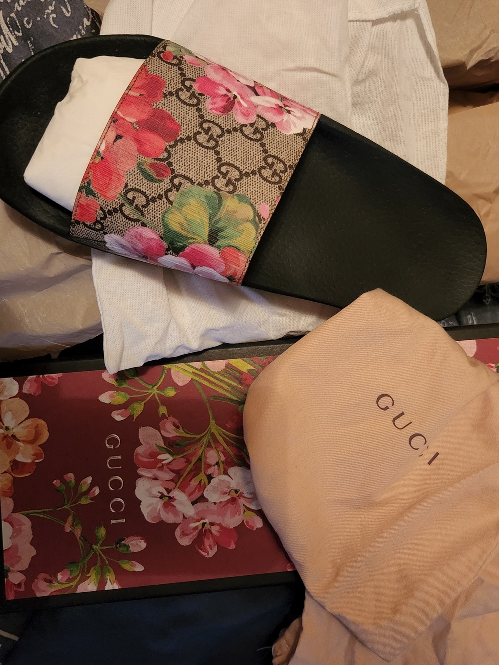 Gucci Floral GG Canvas Slide Sandal - Black with Pink Floral Strap